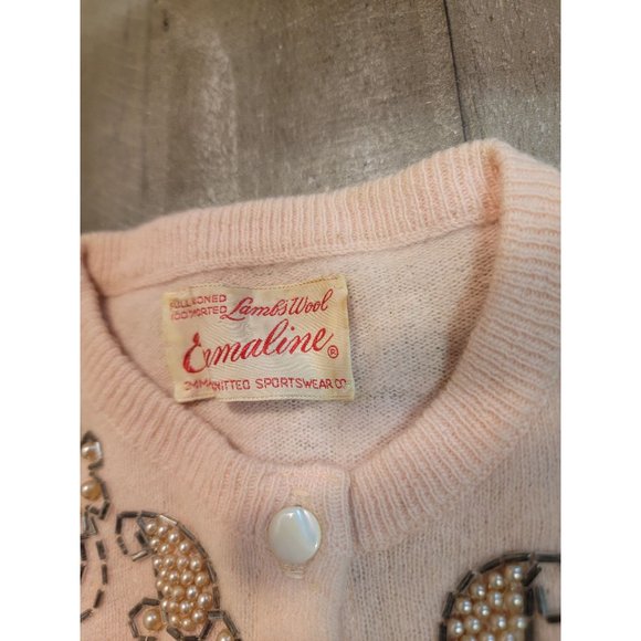 Lambs wool emmaline knitted Vintage pink button up floral pattern sweater sports - Picture 4 of 8
